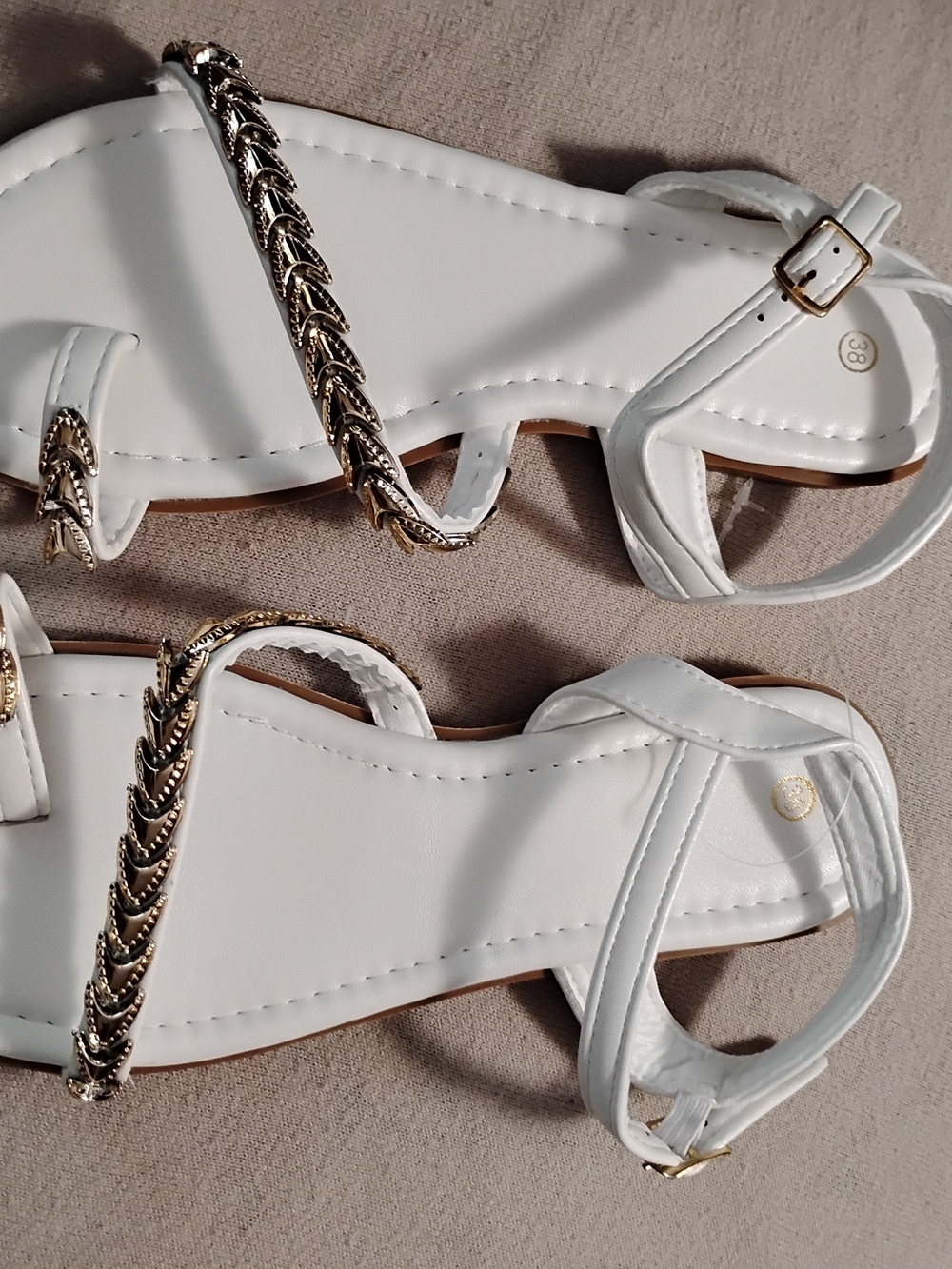 White Women's Ankle-Strap Sandals with Gold Chain Accent